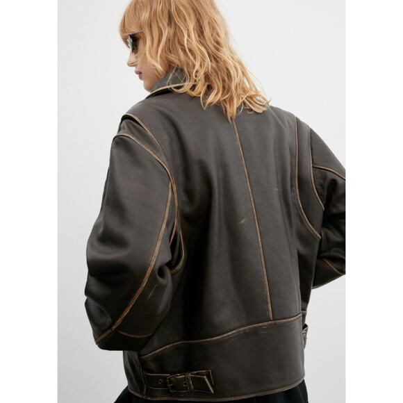 Mango Oversized Worn-Effect Leather Jacket - Xs Brown - Picture 3 of 5